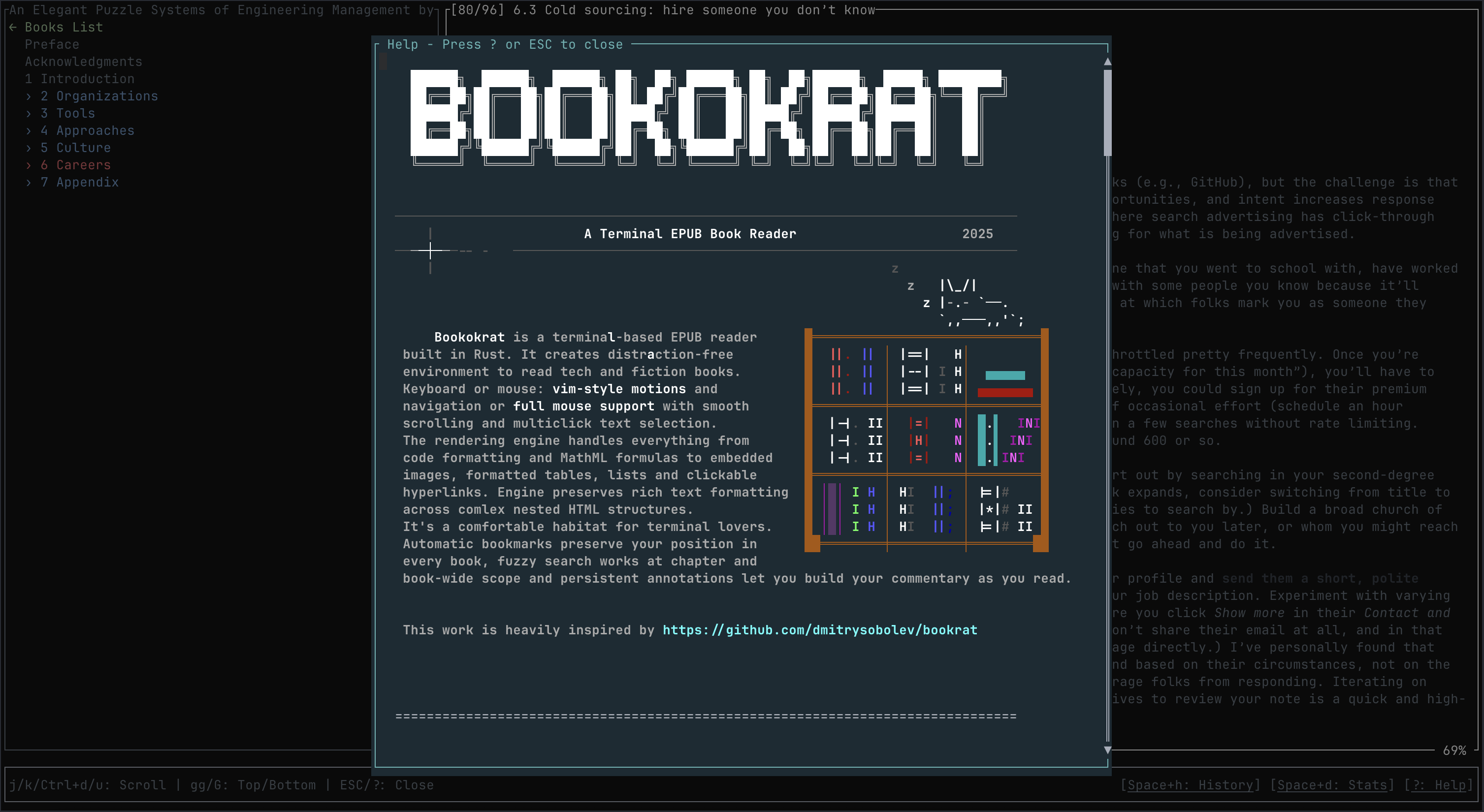 Bookokrat help screen