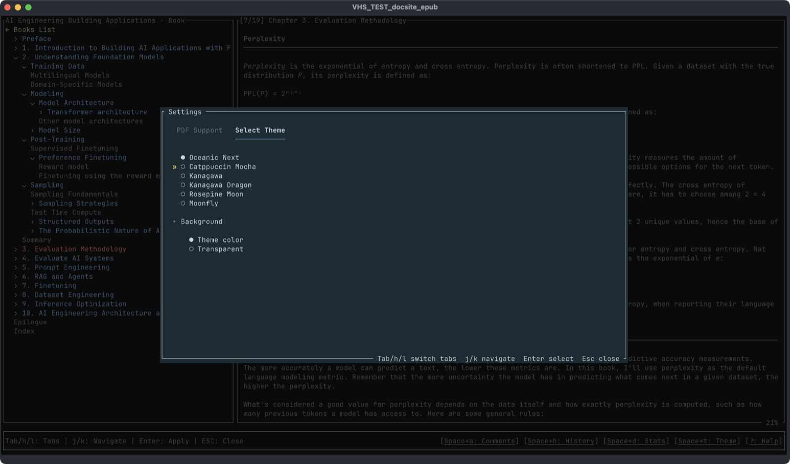 Bookokrat theme selection